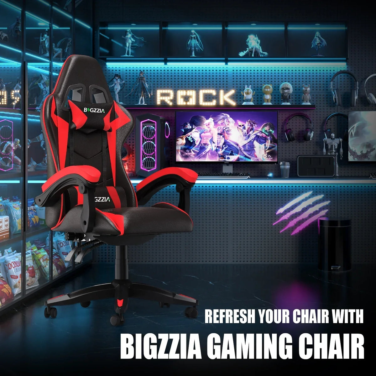 Nouveauté 2026 – Chaise de jeu Bigzzia , chaise de bureau ergonomique avec appui-tête et soutien lombaire réglables en hauteur, pour adultes et adolescents, noir et blanc