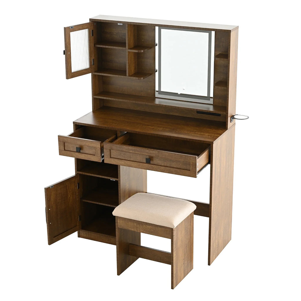 Nouveauté 2026 – Coiffeuse Farmhouse avec miroir et éclairage, ensemble coiffeuse avec station de charge et tabouret, tiroirs, étagères et armoire latérale, blanc