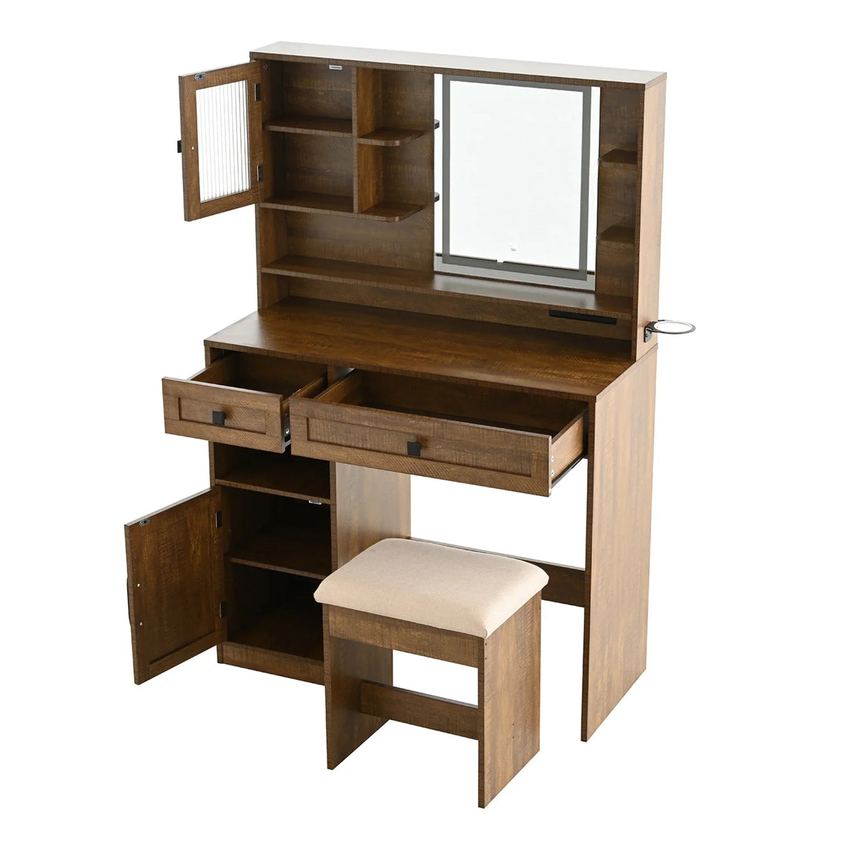 Nouveauté 2026 – Coiffeuse Farmhouse avec miroir et éclairage, ensemble coiffeuse avec station de charge et tabouret, tiroirs, étagères et armoire latérale, blanc