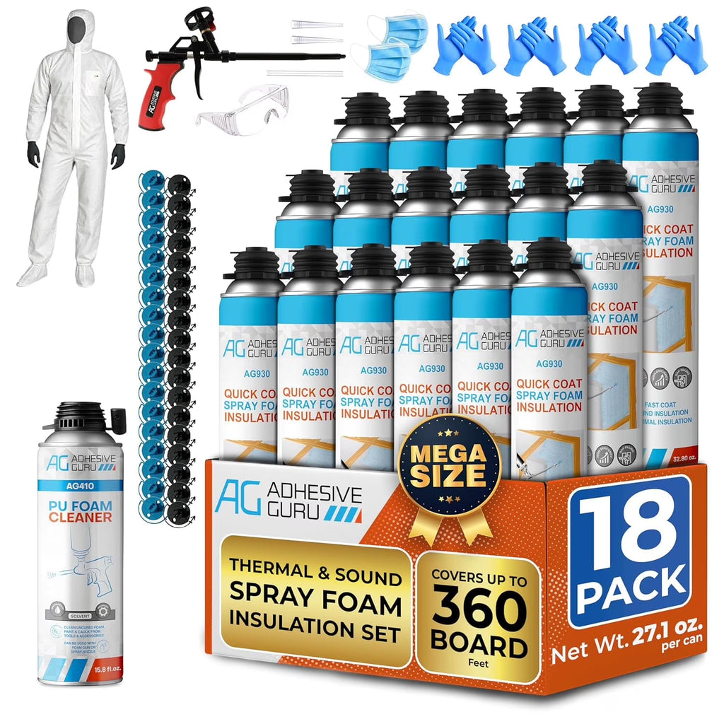 Nouveauté 2026 – Kit d'isolation en mousse expansive Adhesive Guru (18 x 930 g - 360 pieds-planche), mousse adhésive auto-expansible, isolation thermique et acoustique à cellules fermées, avec nettoyant et pistolet applicateur - paquet de 18