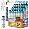 Nouveauté 2026 – Kit d'isolation en mousse expansive Adhesive Guru (18 x 930 g - 360 pieds-planche), mousse adhésive auto-expansible, isolation thermique et acoustique à cellules fermées, avec nettoyant et pistolet applicateur - paquet de 18