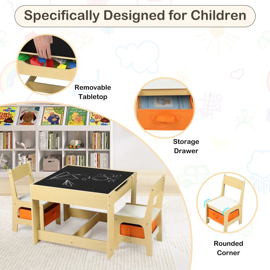 Nouveauté 2026 – Ensemble table et 2 chaises pour enfants LINLUX , table d'activités avec tableau noir/blanc, gris