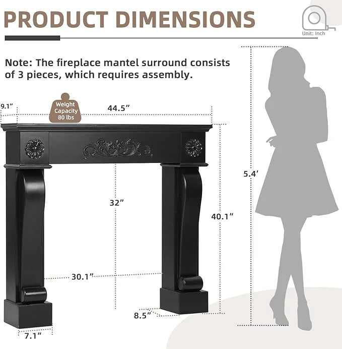 Nouveauté 2026 – Manteau de cheminée EPICOZY 44,5" , sur pied, pour cheminées électriques, en MDF avec étagère, motif décoratif, anti-basculement et imperméable