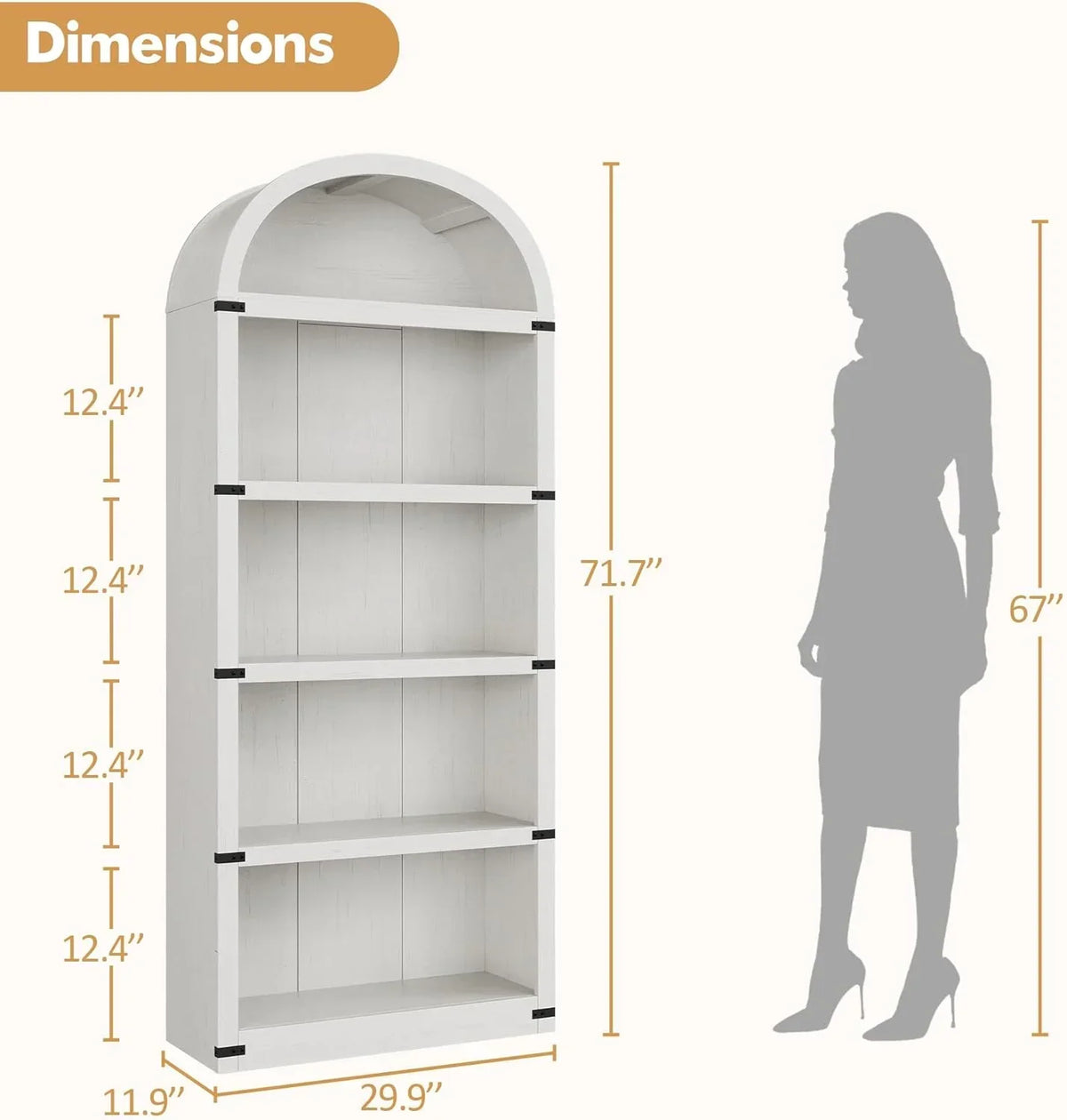 Nouveauté 2026 – Bibliothèque arquée à 5 étagères, 182 cm de haut, style ferme, étagère de rangement en bois pour la maison, le bureau ou le salon (blanche