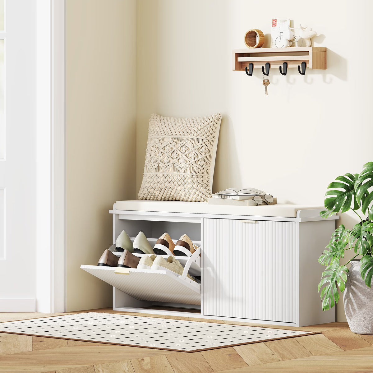Nouveauté 2026 – Banc à chaussures HOMCOM avec assise rembourrée et tiroir rabattable, supportant jusqu'à 240 kg, 104 x 26 x 48 cm, noir