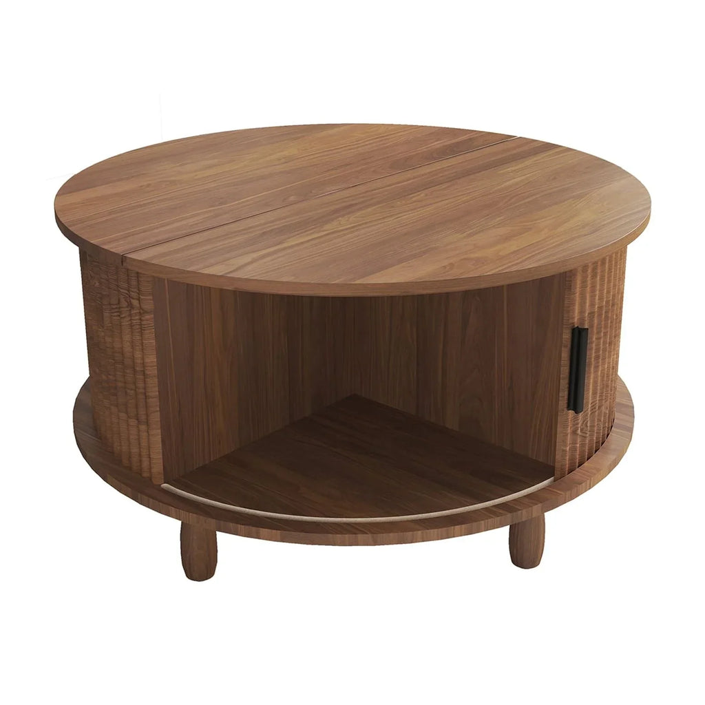 Nouveauté 2026 – Table basse ronde RUMLIVE avec rangement, table basse moderne de 78 cm avec porte coulissante incurvée à 360°, table basse en bois cannelé avec patins, table centrale ronde pour salon, noire