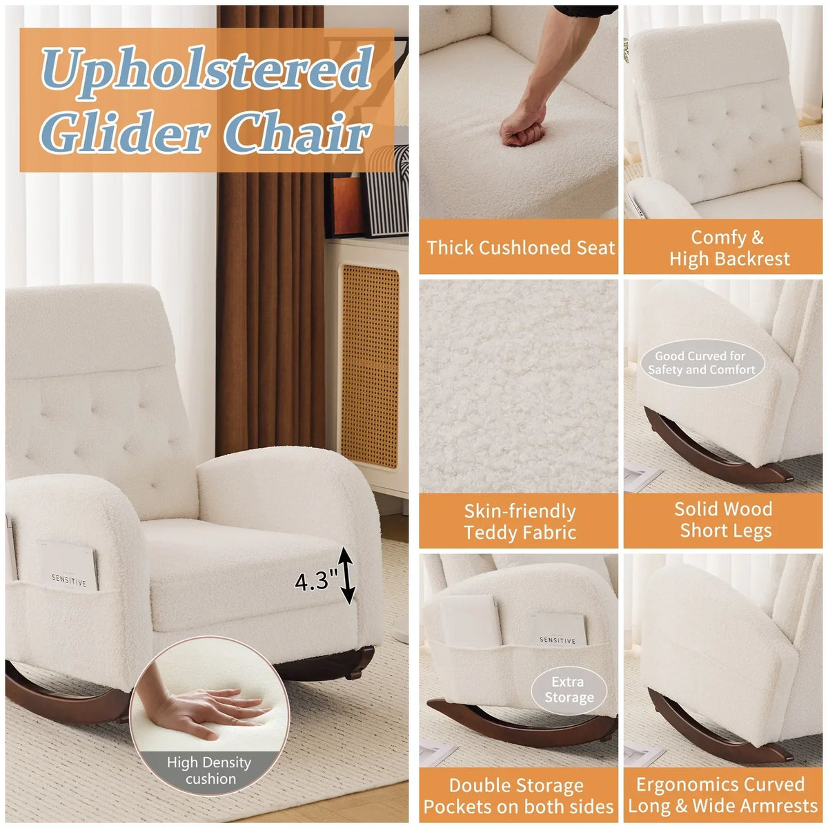 Nouveauté 2026 – Fauteuil à bascule Ktaxon , fauteuil de lecture inclinable, confortable, revêtu de velours peluche, canapé à bascule une place, beige, idéal pour le salon, la chambre d'enfant ou la chambre à coucher