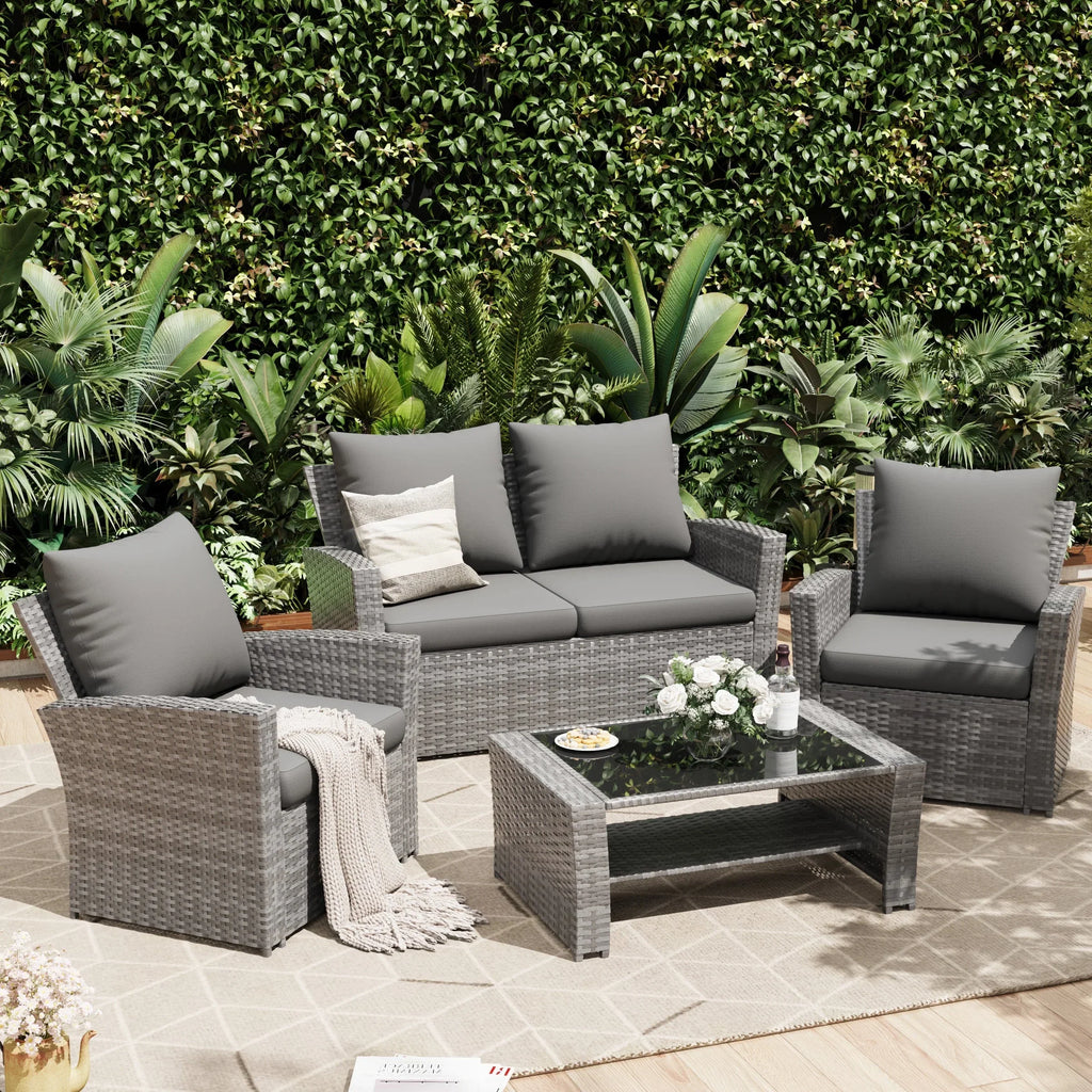 Nouveauté 2026 – Ensemble de mobilier de patio en résine tressée UDPATIO , ensemble de conversation d'extérieur 4 pièces, canapé de patio en rotin PE gris pour balcon, porche, jardin, gris