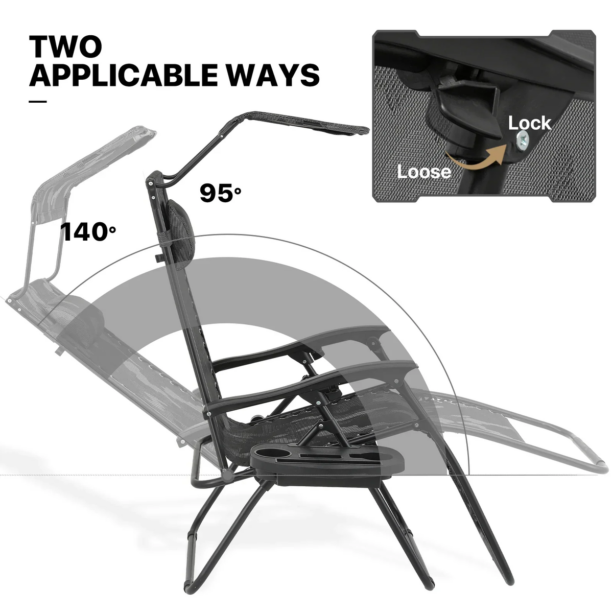 Nouveauté 2026 – Ensemble de 2 chaises MoNiBloom Zero Gravity , fauteuils de plage/terrasse pliables avec auvent et appui-tête, noirs