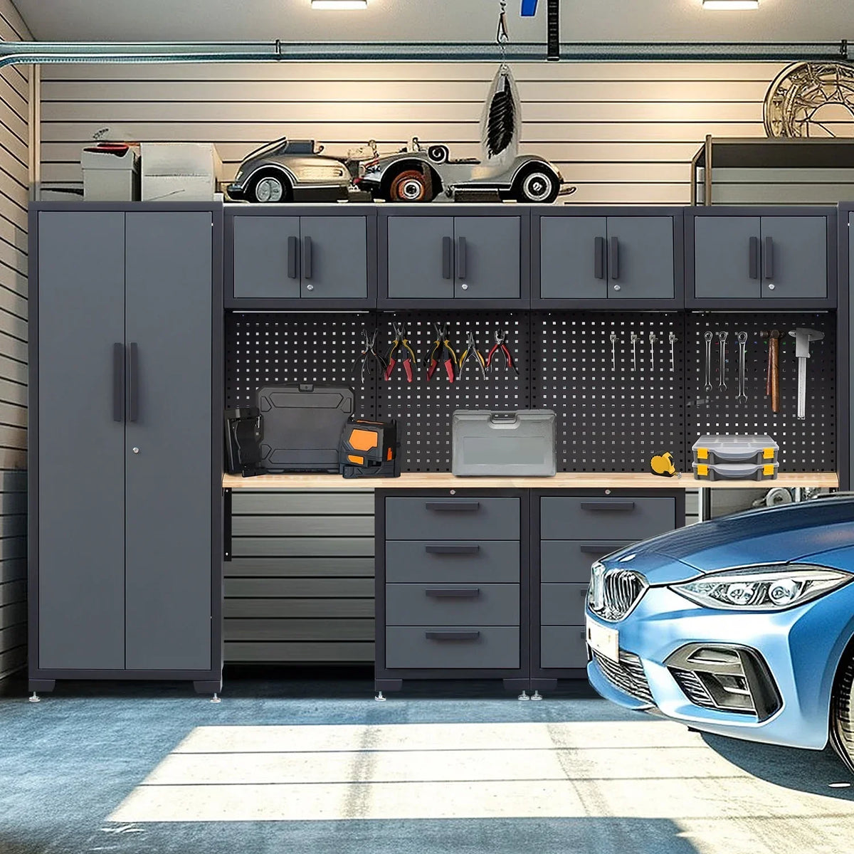 Nouveauté 2026 – Système d'armoires de rangement pour garage HPDMC , ensemble d'atelier 7 pièces comprenant des armoires métalliques, des tiroirs en acier, un établi et un panneau perforé pour l'organisation des outils de garage
