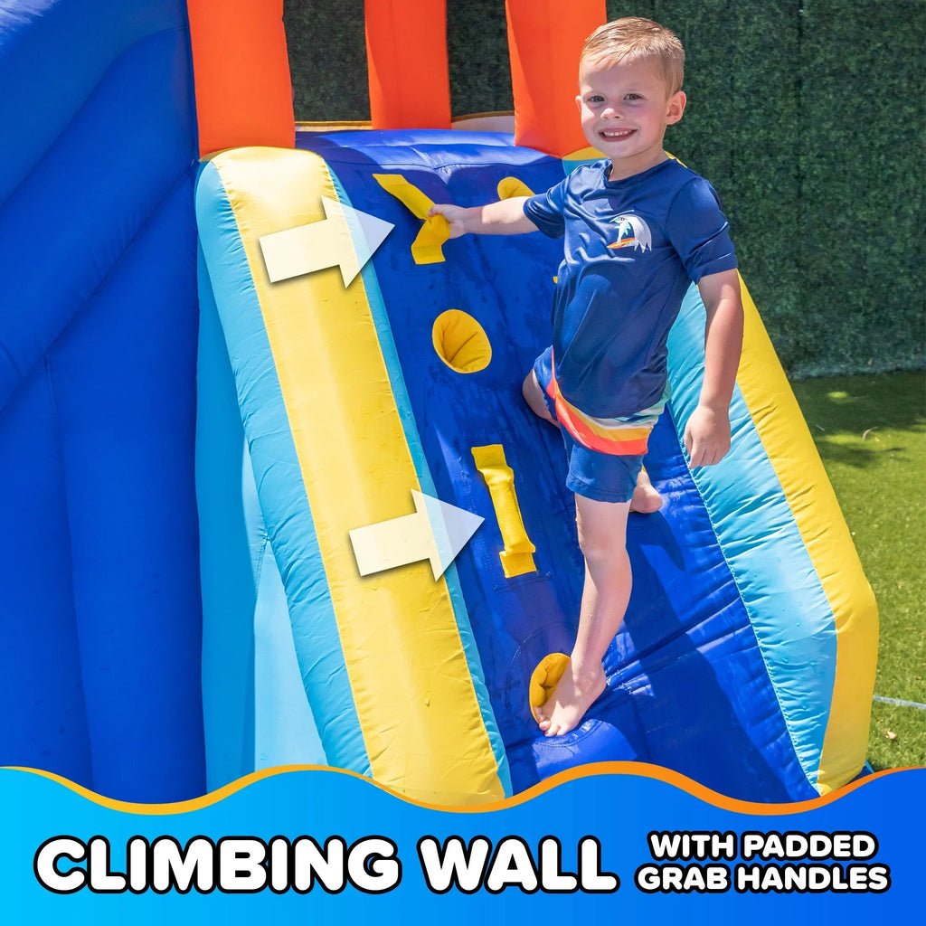 Nouveauté 2026 – Toboggan aquatique gonflable Sportspower® Big Wave II avec mur d'escalade et pataugeoire, 3-8 ans, ultra-résistant, certifié ASTM, garantie à vie sur le souffleur inclus