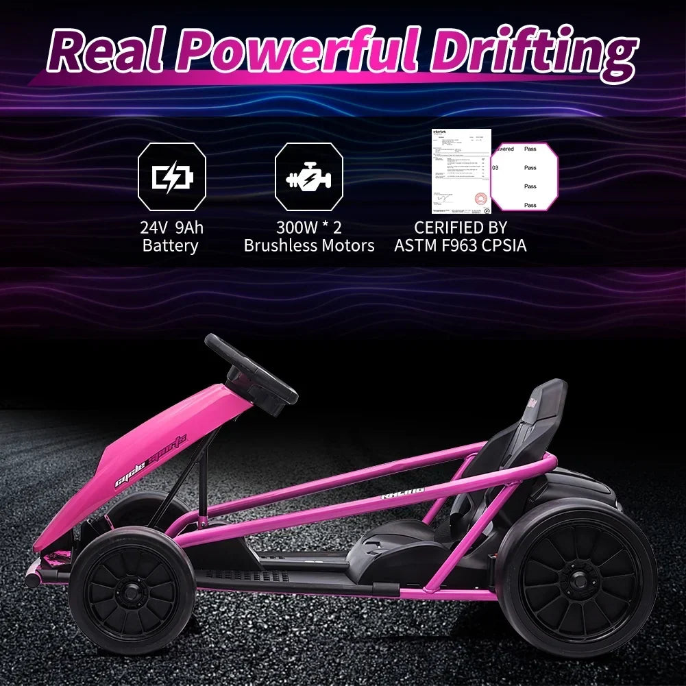 Nouveauté 2026 – Karting Simzone pour enfants, batterie 24 V, 2 moteurs 300 W, à pédales, vitesse maximale de 13 km/h, fonction drift, démarrage progressif, musique, pneus élastiques et résistants, bleu