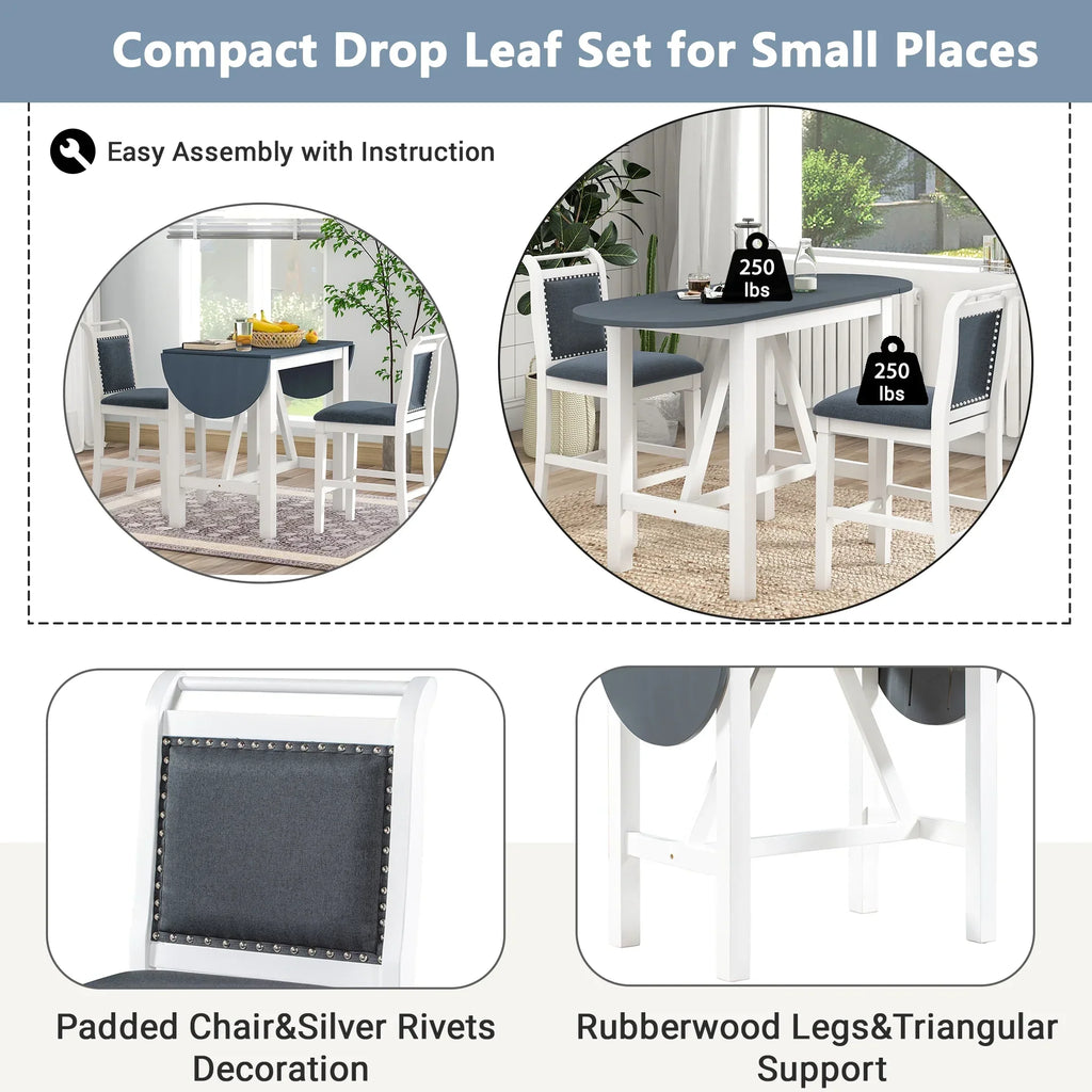 Nouveauté 2026 – Ensemble de salle à manger pliant 3 pièces en bois Harper & Bright Designs : table à abattants et 2 chaises de bar rembourrées, idéal pour les petits espaces, marron