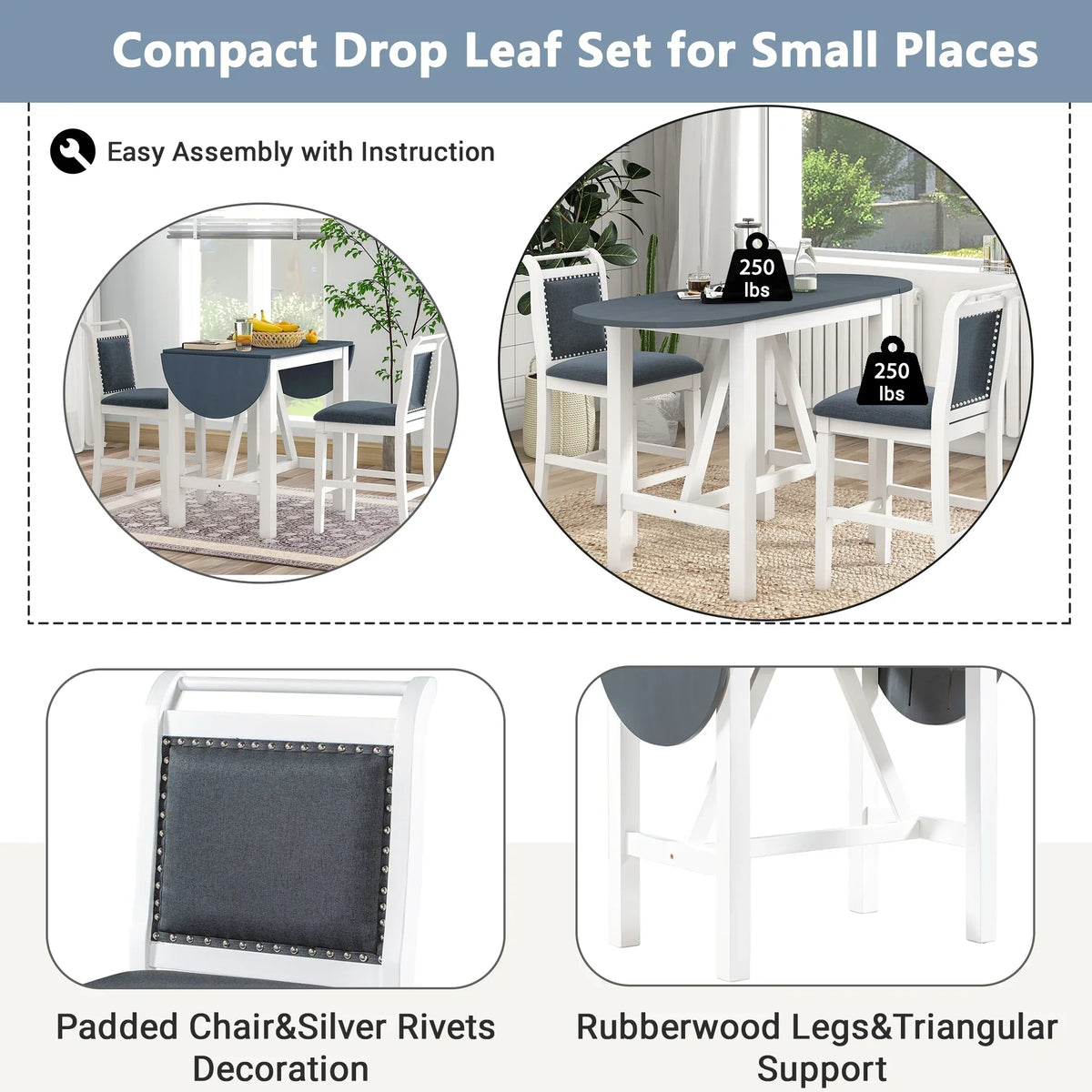 Nouveauté 2026 – Ensemble de salle à manger pliant 3 pièces en bois Harper & Bright Designs : table à abattants et 2 chaises de bar rembourrées, idéal pour les petits espaces, marron