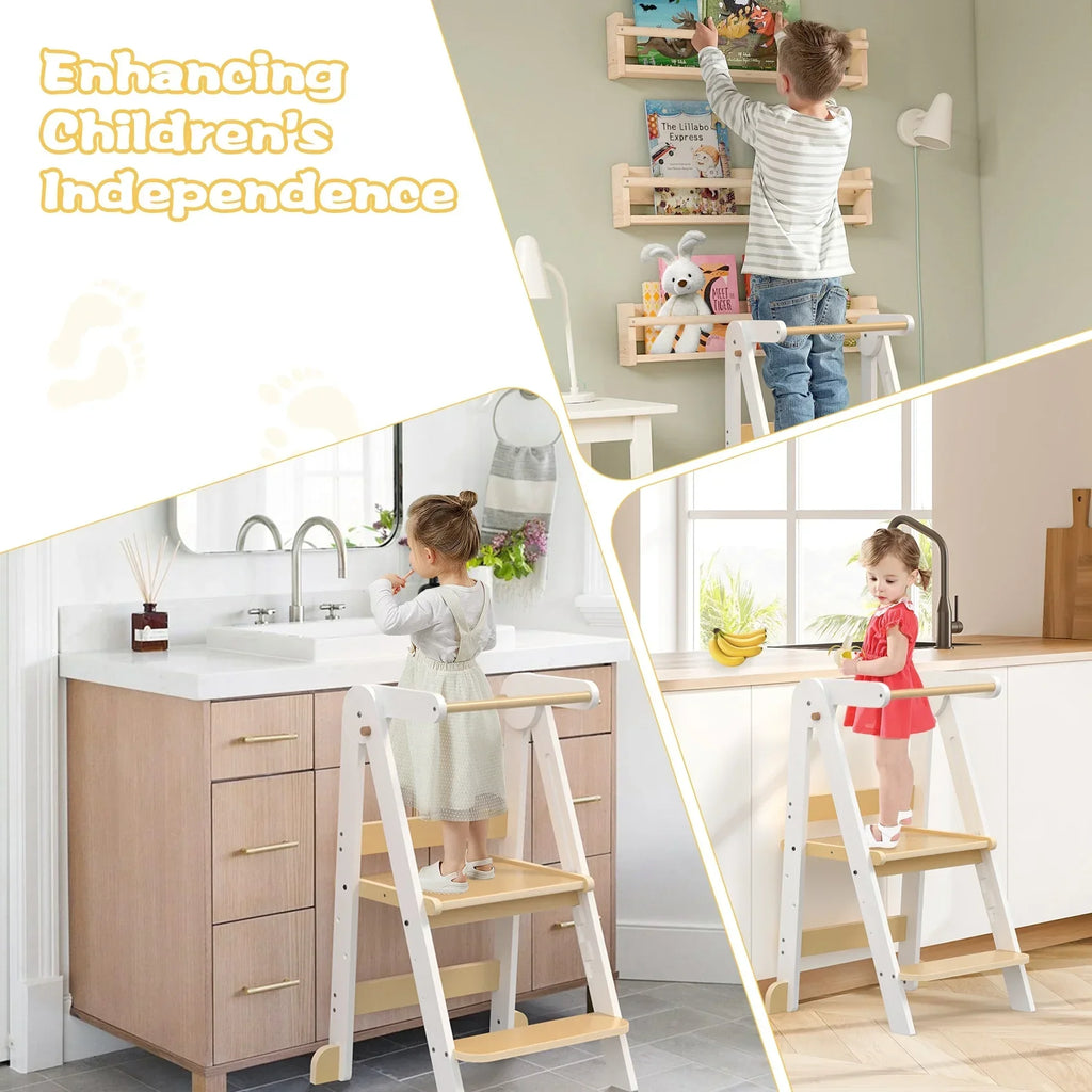 Nouveauté 2026 – Marchepied de cuisine JOZ pour tout-petits, tabouret d'apprentissage Montessori, tour pliable pour le comptoir, aide à la station debout pour les enfants, 3 hauteurs réglables, en bois, blanc