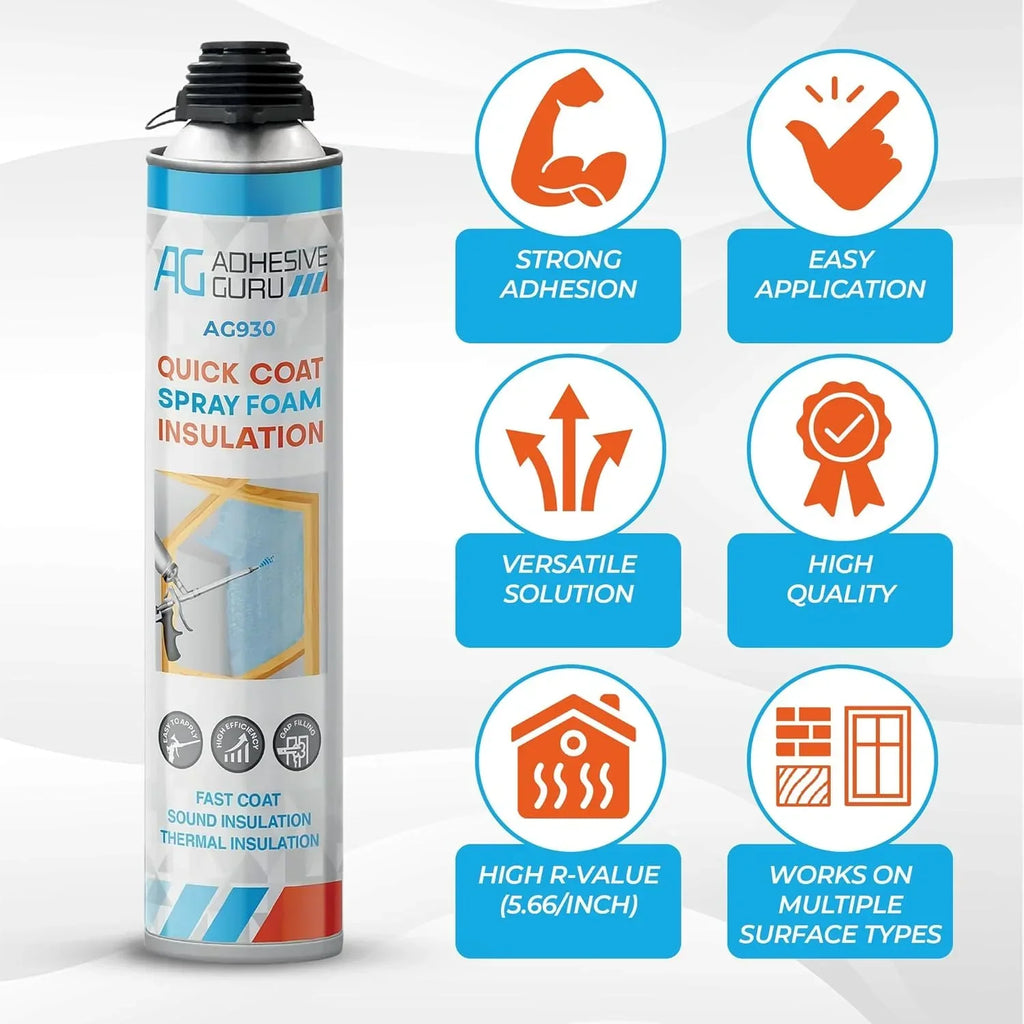 Nouveauté 2026 – Kit d'isolation en mousse expansive Adhesive Guru (18 x 930 g - 360 pieds-planche), mousse adhésive auto-expansible, isolation thermique et acoustique à cellules fermées, avec nettoyant et pistolet applicateur - paquet de 18