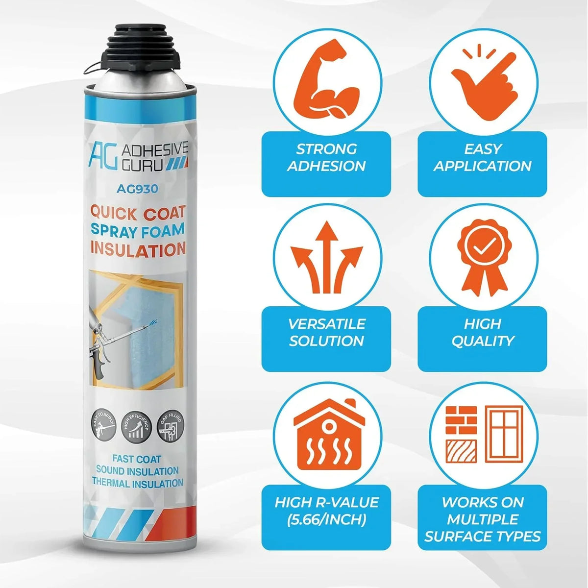Nouveauté 2026 – Kit d'isolation en mousse expansive Adhesive Guru (18 x 930 g - 360 pieds-planche), mousse adhésive auto-expansible, isolation thermique et acoustique à cellules fermées, avec nettoyant et pistolet applicateur - paquet de 18