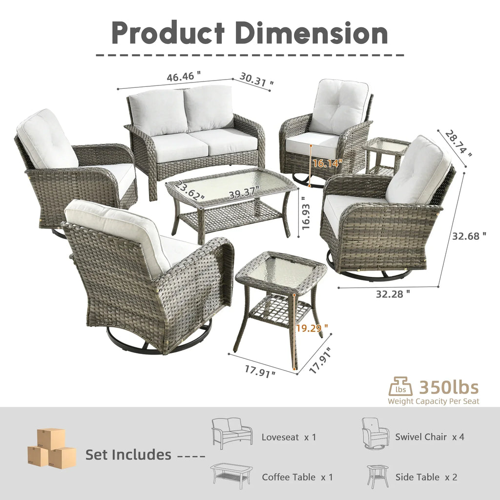 Nouveauté 2026 – Ensemble de mobilier de jardin 5 pièces Ovios , comprenant fauteuils pivotants et table basse, en résine tressée résistante aux intempéries, gris foncé