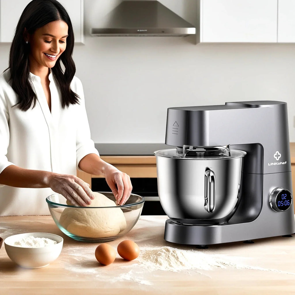 Nouveauté 2026 – Robot pâtissier LINKChef , 7,4 pintes (7 litres), 800 W, 12 vitesses, tête inclinable, avec crochet pétrisseur, fouet et batteur
