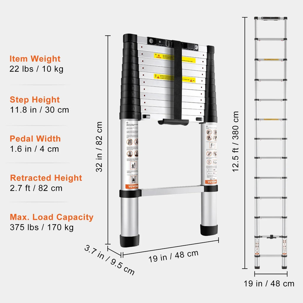 Nouveauté 2026 – Échelle télescopique BENTISM de 3,8 m (12,5 pi), échelle pliable en aluminium avec rétraction par simple pression d'un bouton, capacité de 170 kg (375 lb), certifiée ANSI | Portable pour la maison, le VR et le grenier
