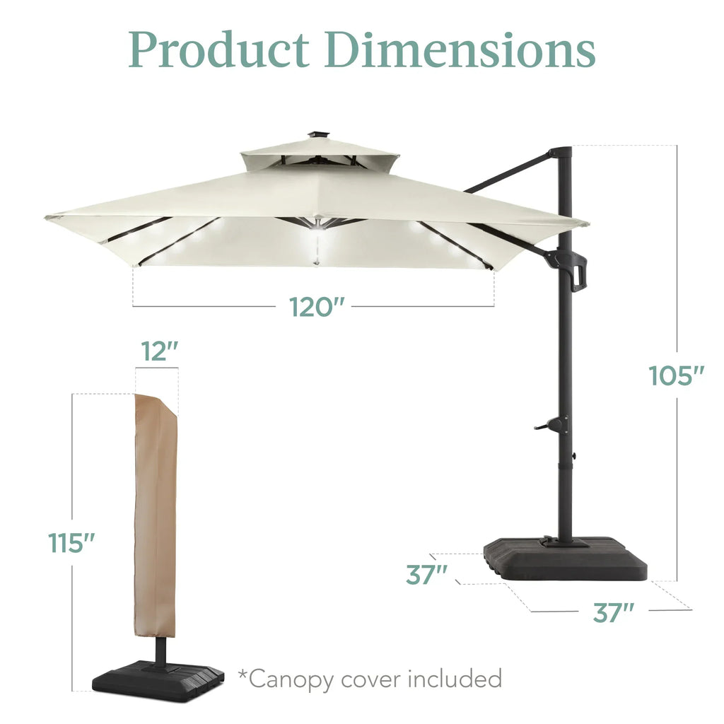 Nouveauté 2026 – Parasol de terrasse carré déporté à deux niveaux, 3 x 3 m, à éclairage solaire LED, avec base incluse (Best Choice Products, ) - Beige