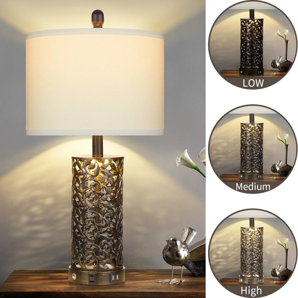 Nouveauté 2026 – Ensemble de 2 lampes de table Cinkeda pour salon et chambre à coucher, avec ports USB, prise secteur, intensité réglable à 3 niveaux, veilleuse tactile, style champêtre, motif floral blanc, lampes de chevet