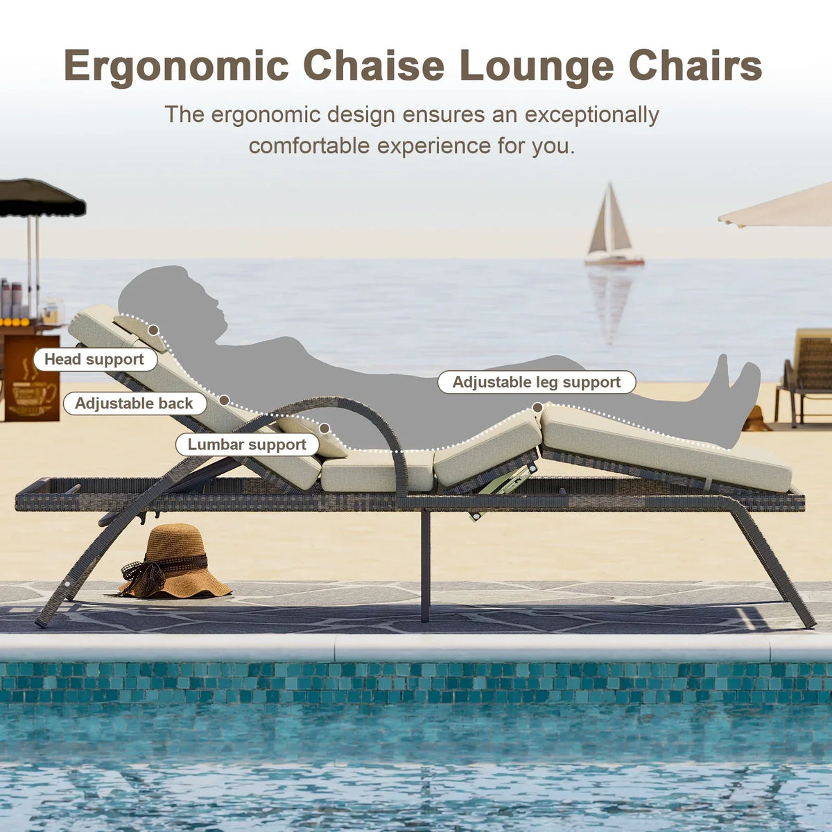 Nouveauté 2026 – MEISSALIVVE Ensemble de 4 chaises longues d'extérieur, chaises de piscine avec dossier réglable à 5 positions, chaise longue en rotin PE pour terrasse, porche et jardin (gris
