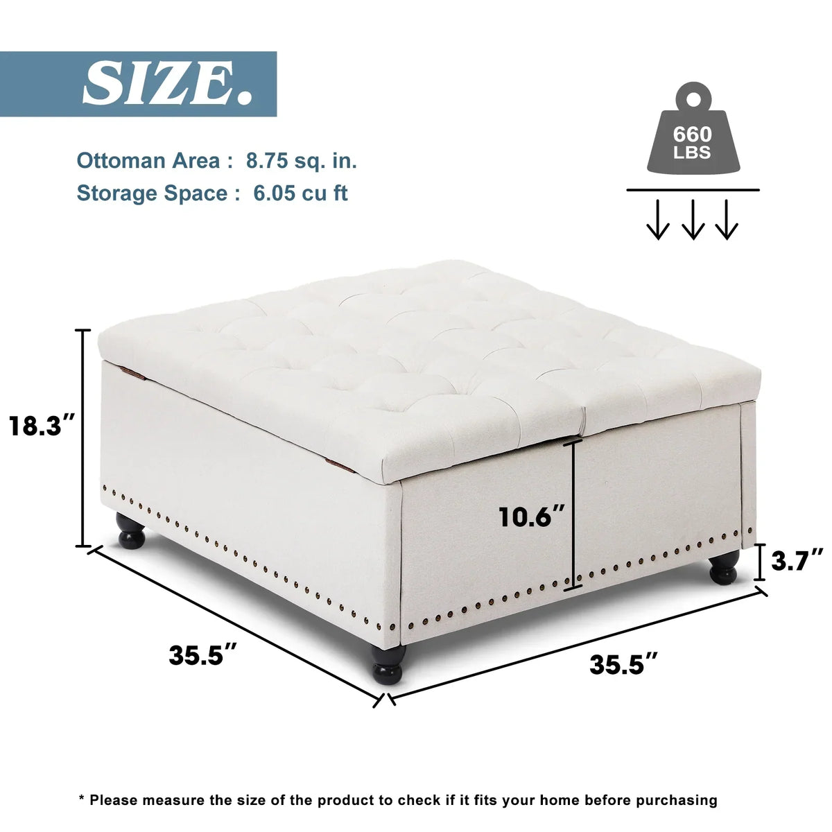 Nouveauté 2026 – Pouf de rangement carré Magic Union 35" , grand modèle, avec plateau relevable et revêtement capitonné, idéal pour le salon (beige