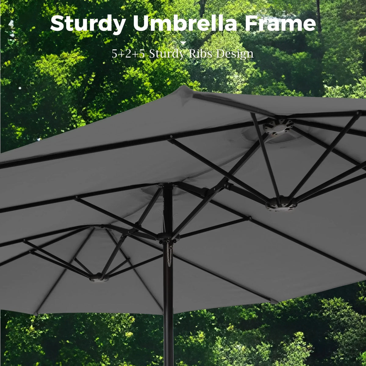 Nouveauté 2026 – Parasol de jardin extra-large Alpha Joy 4,57 m (15 pi) à double face avec manivelle et base - Gris fumé