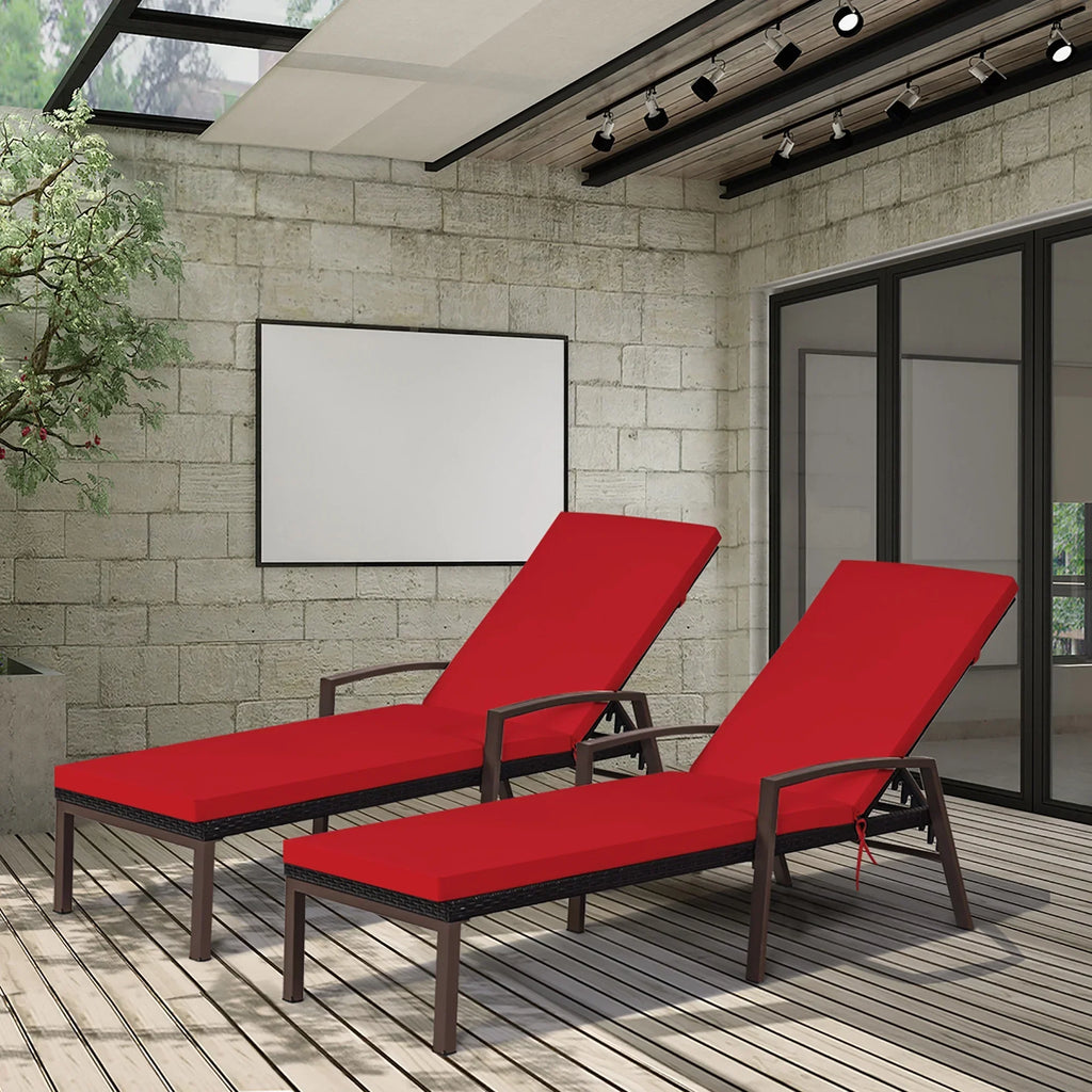 Nouveauté 2026 – Costway Lot de 2 chaises longues de patio en rotin, dossier inclinable, coussin réglable, rouge