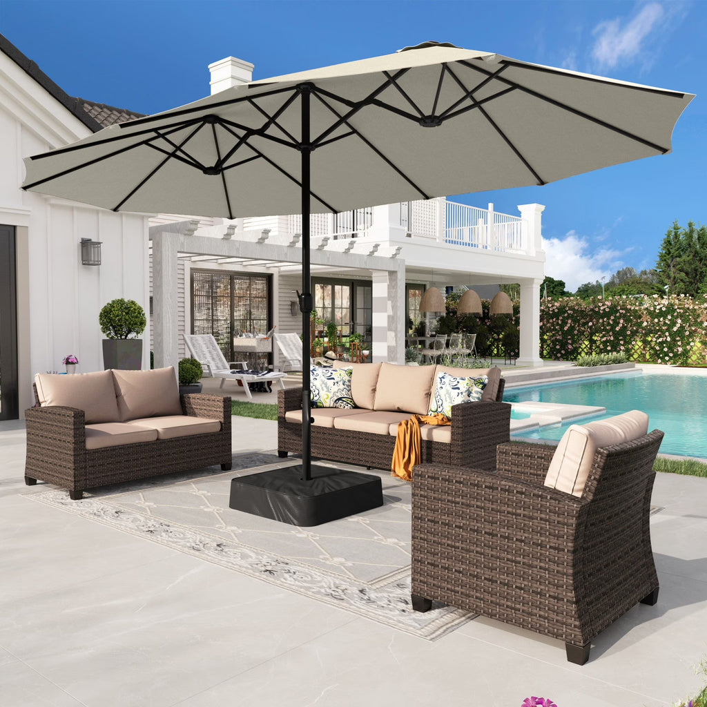 Nouveauté 2026 – Parasol de jardin extra-large Alpha Joy 4,57 m (15 pi) à double face avec manivelle et base - Gris fumé