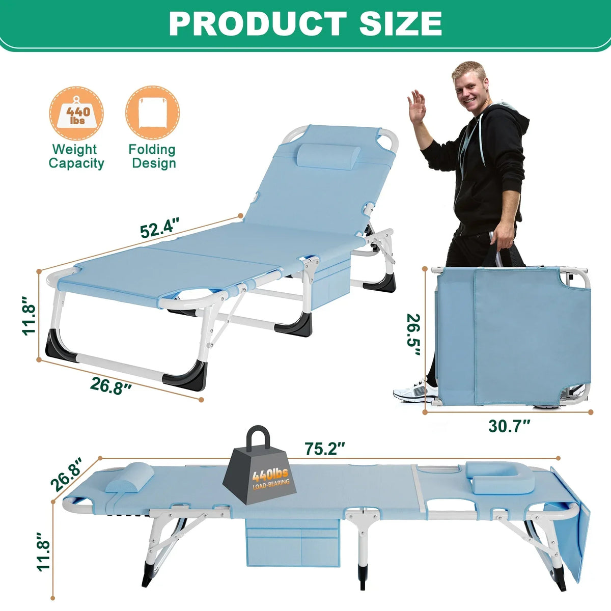 Nouveauté 2026 – Chaise longue MOPHOTO avec matelas, supportant jusqu'à 200 kg, lit de camp portable et robuste, réglable, idéal pour le camping, la piscine, la plage et la terrasse