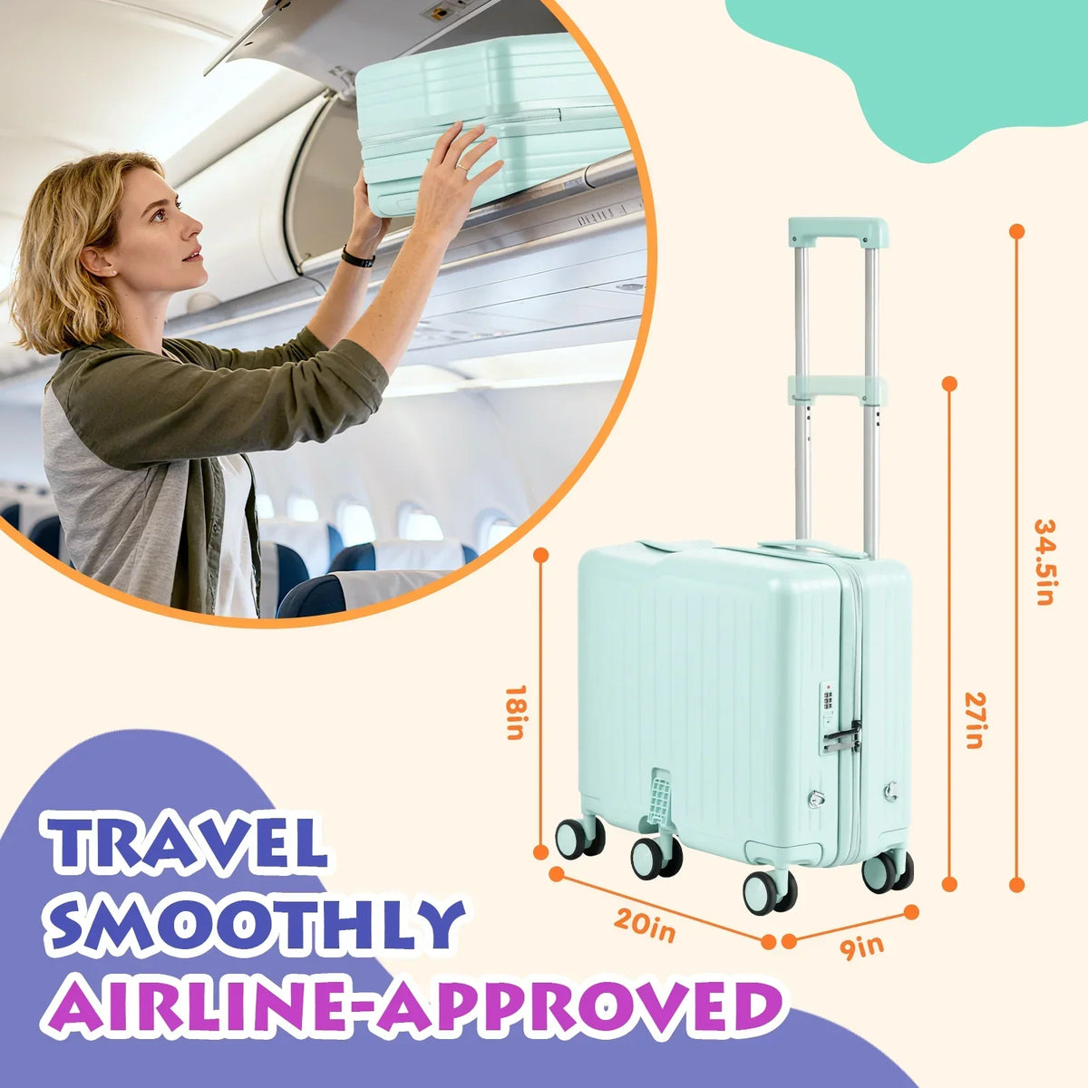 Nouveauté 2026 – Valise à roulettes Advwin pour enfants, avec sangle de traction, repose-pieds, porte-gobelet, 6 roues et poignée réglable, valise pivotante de 45,7 cm (18 pouces) avec autocollants et carte d'embarquement, rose