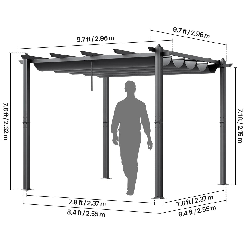 Nouveauté 2026 – Pergola en aluminium KFFKFF 3 m x 3 m, avec auvent rétractable, idéale pour patio, jardin, terrasse et cour arrière - Gris