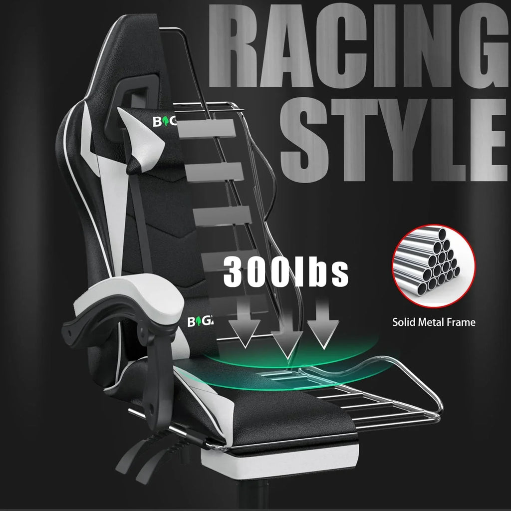Nouveauté 2026 – Chaise de jeu Bigzzia , chaise de bureau ergonomique avec appui-tête et soutien lombaire réglables en hauteur, pour adultes et adolescents, noir et blanc
