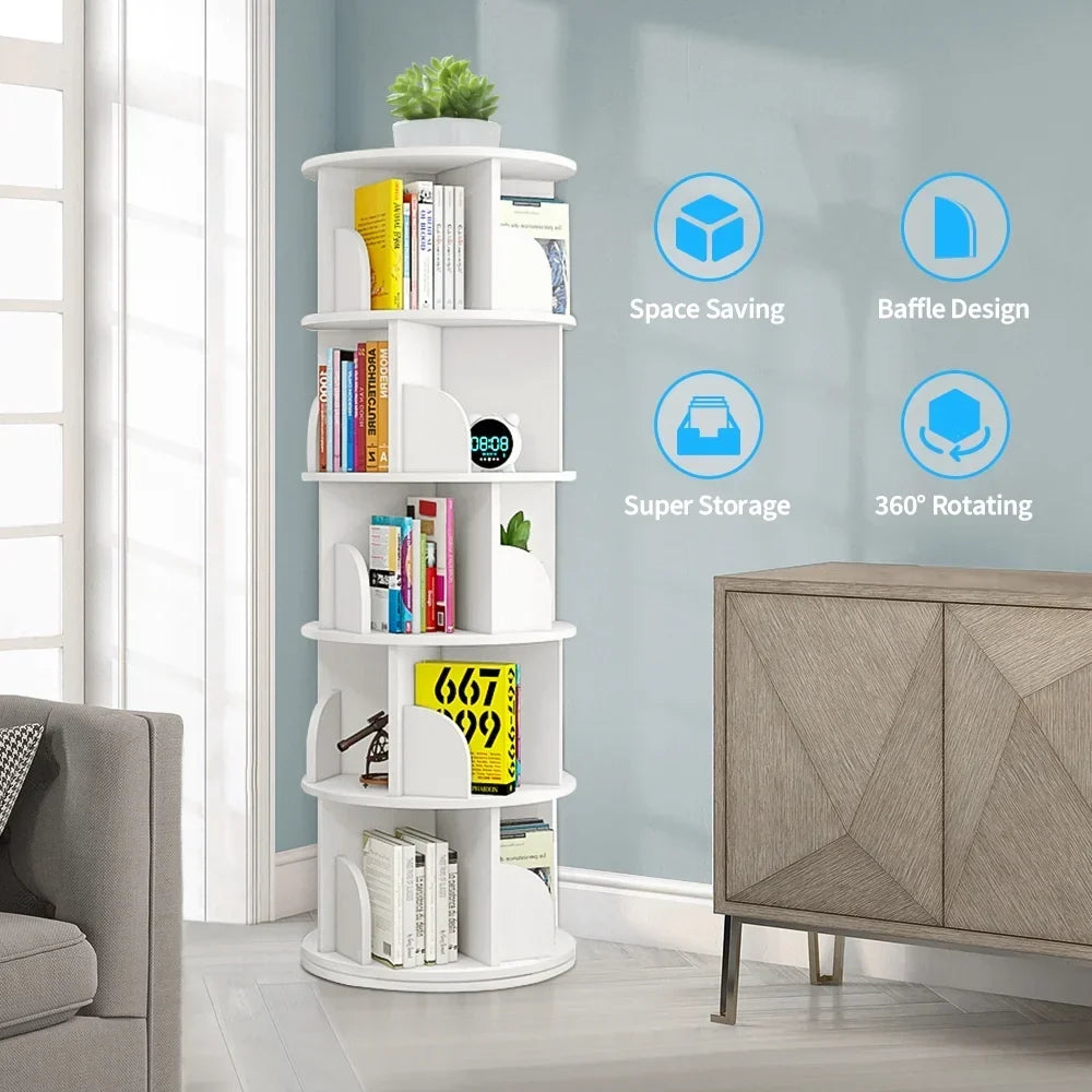 Nouveauté 2026 – Bibliothèque pivotante Bimiti 5 niveaux, rotation à 360°, 20 étagères, sur pied, blanche, 160 x 46 x 46 cm, pour adultes