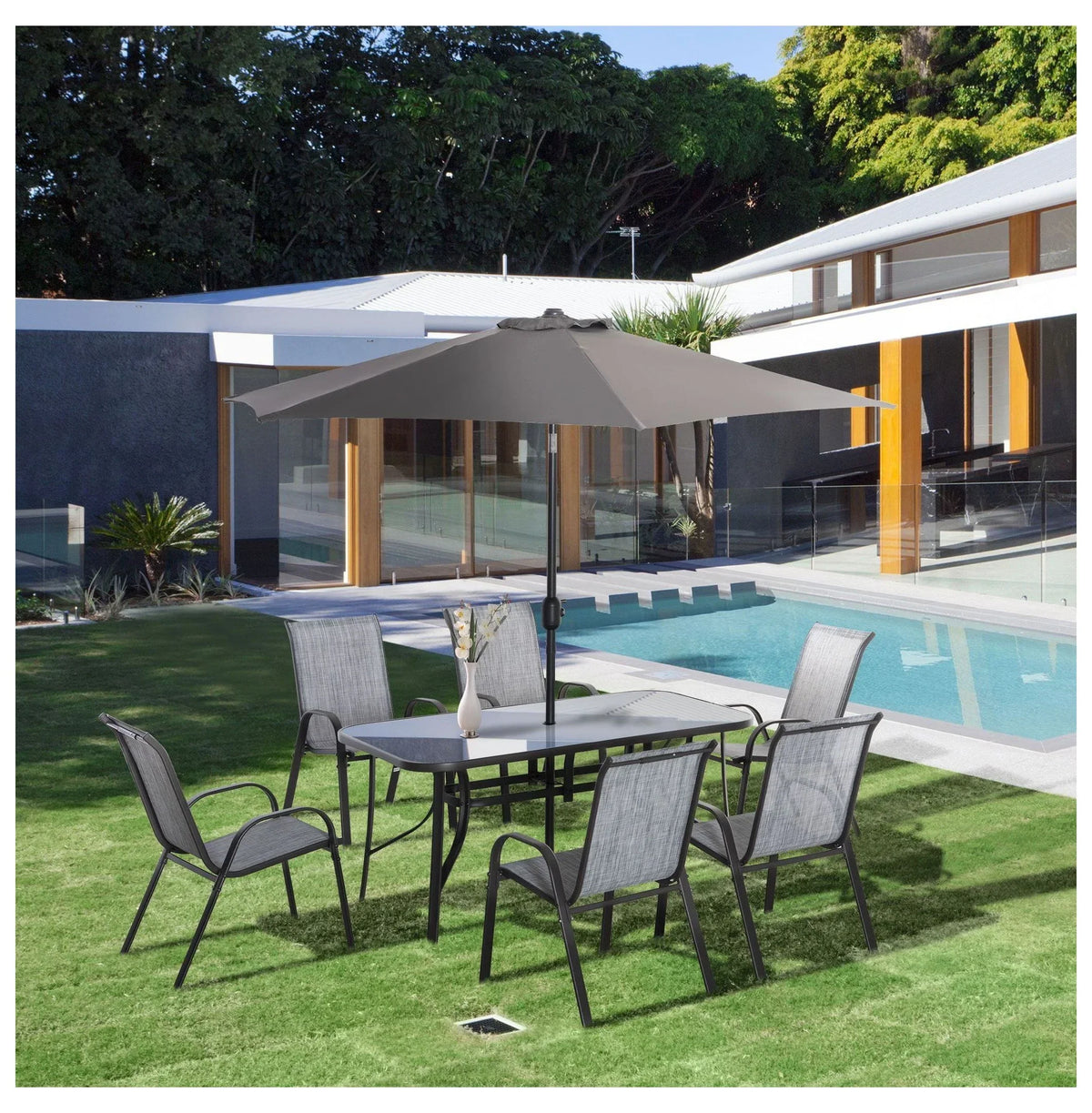 Nouveauté 2026 – Ensemble de salle à manger d'extérieur 8 pièces avec parasol, table et chaises de patio, tissu à séchage rapide, 6 chaises, gris