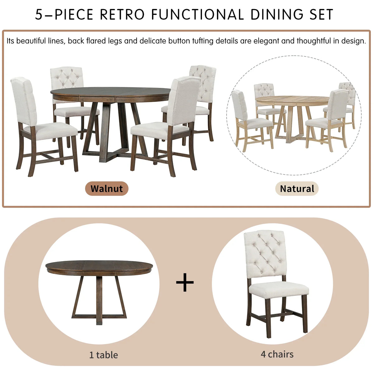 Nouveauté 2026 – Ensemble de salle à manger rond 5 pièces , comprenant une table extensible et 4 chaises rembourrées, en bois, pour 4 personnes. Style campagnard, idéal pour la cuisine, la salle à manger ou un appartement. Couleur : marron