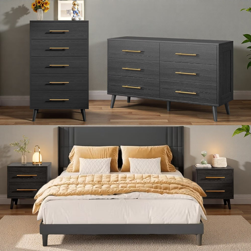 Nouveauté 2026 – Ensemble de meubles de chambre à coucher Lofka King - Comprend un cadre de lit King, deux tables de chevet et deux commodes pour une décoration intérieure moderne