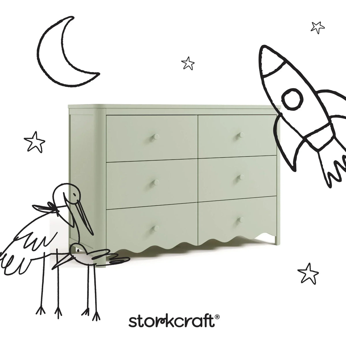 Nouveauté 2026 – Commode pour chambre d'enfant Storkcraft Casablanca 6 tiroirs, couleur sauge