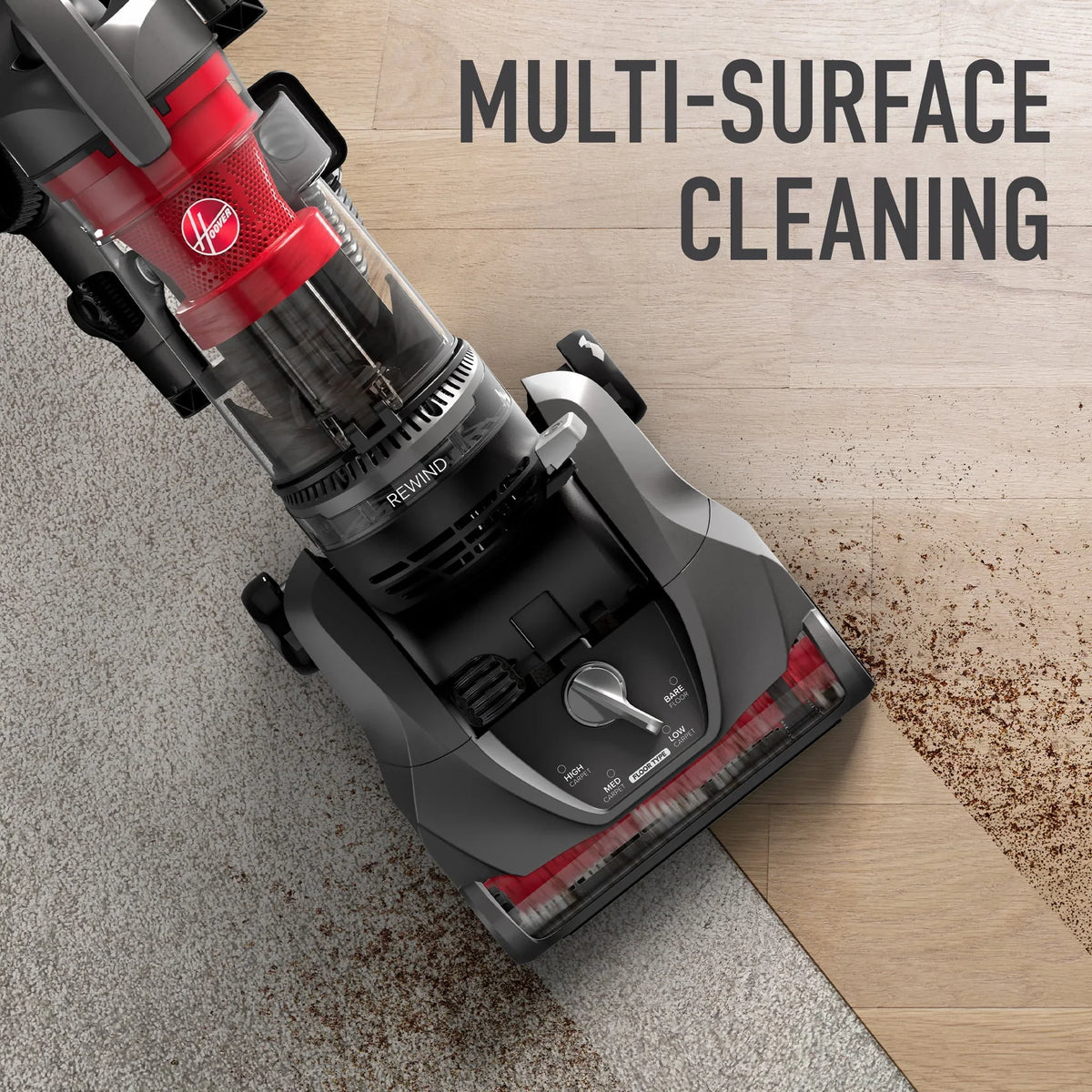 Nouveauté 2026 – Aspirateur vertical sans sac Hoover Rewind Pet , idéal pour les animaux, avec enrouleur de cordon automatique, pour le nettoyage de toutes les surfaces et des pièces en hauteur, UH77410V, gris et rouge