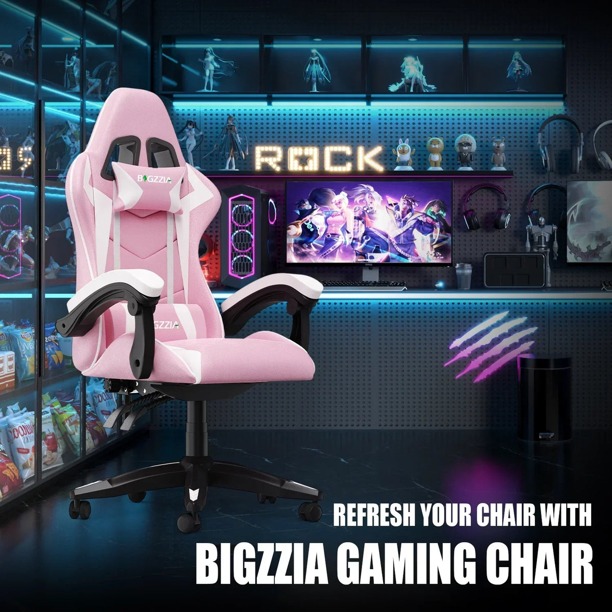 Nouveauté 2026 – Chaise de jeu Bigzzia , chaise de bureau ergonomique avec appui-tête et soutien lombaire réglables en hauteur, pour adultes et adolescents, noir et blanc