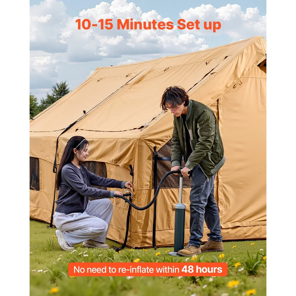 Nouveauté 2026 – Tente gonflable KFFKFF pour 8 à 12 personnes, 4,80 m x 3,60 m x 2,20 m, tente de glamping gonflable avec pompe manuelle, tente gonflable étanche, abri de camping toutes saisons avec double toit ouvrant et sortie pour poêle