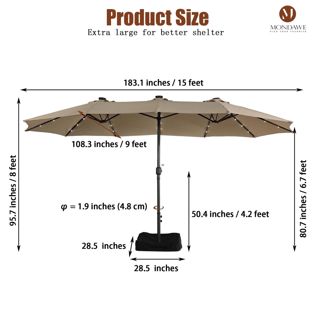 Nouveauté 2026 – Parasol rectangulaire Mondawe 4,57 m (15 pi) avec base et éclairage LED beige