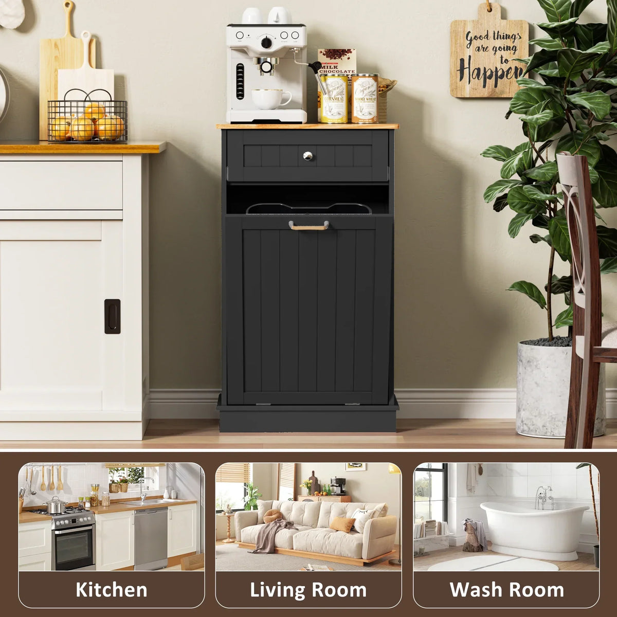 Nouveauté 2026 – Meuble poubelle basculant HARIPUL pour bac à déchets de 49 litres (13 gallons), meuble poubelle de cuisine autoportant avec tiroirs, blanc