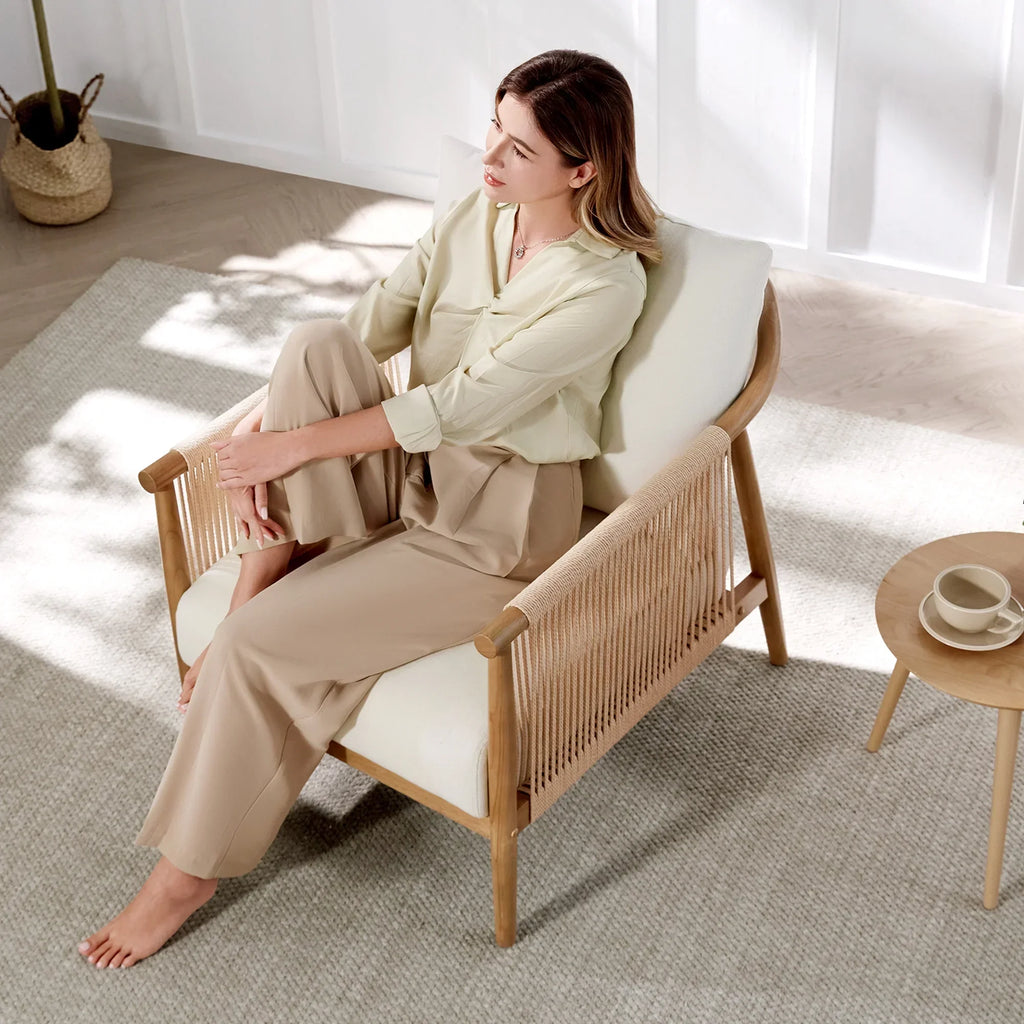 Nouveauté 2026 – Fauteuil d'appoint moderne CHITA , fauteuil tressé pour salon, crème