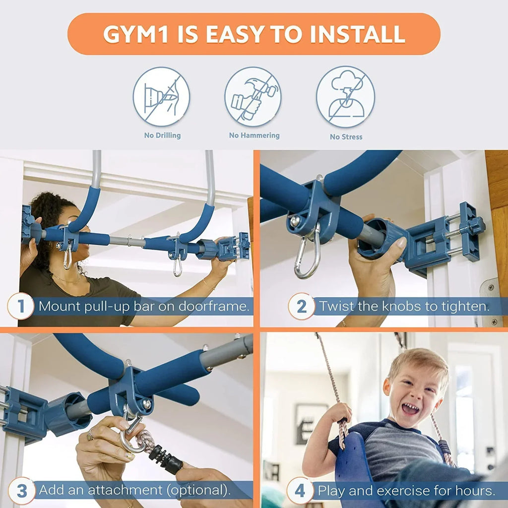 Nouveauté 2026 – Gym1 - Aire de jeux intérieure de luxe pour enfants - Ensemble complet - Quatre activités ludiques : balançoire bleue, anneaux en plastique, échelle d'escalade et barre de traction