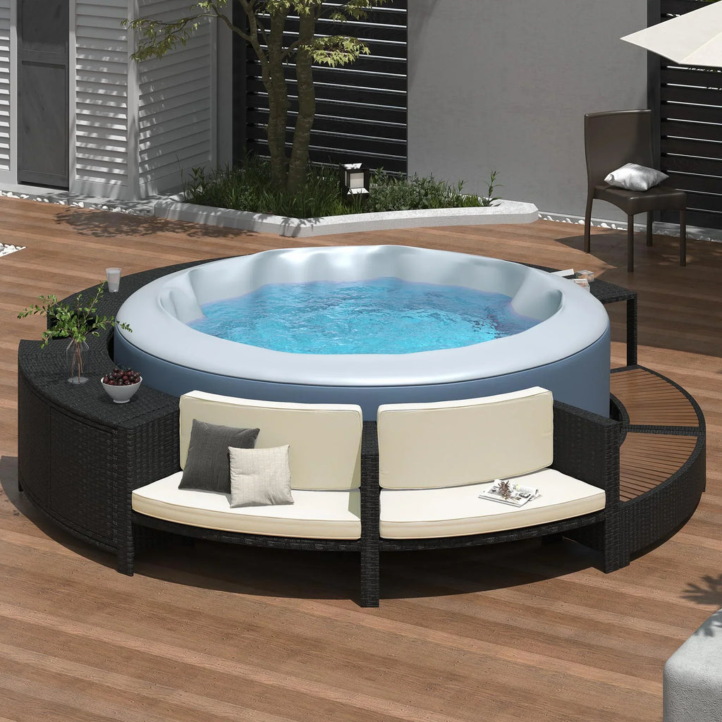 Nouveauté 2026 – Ensemble de mobilier de jardin Round pour spa , canapé d'angle en rotin avec mini-canapé, rangement pour spa en bois d'acacia massif, coussins gris