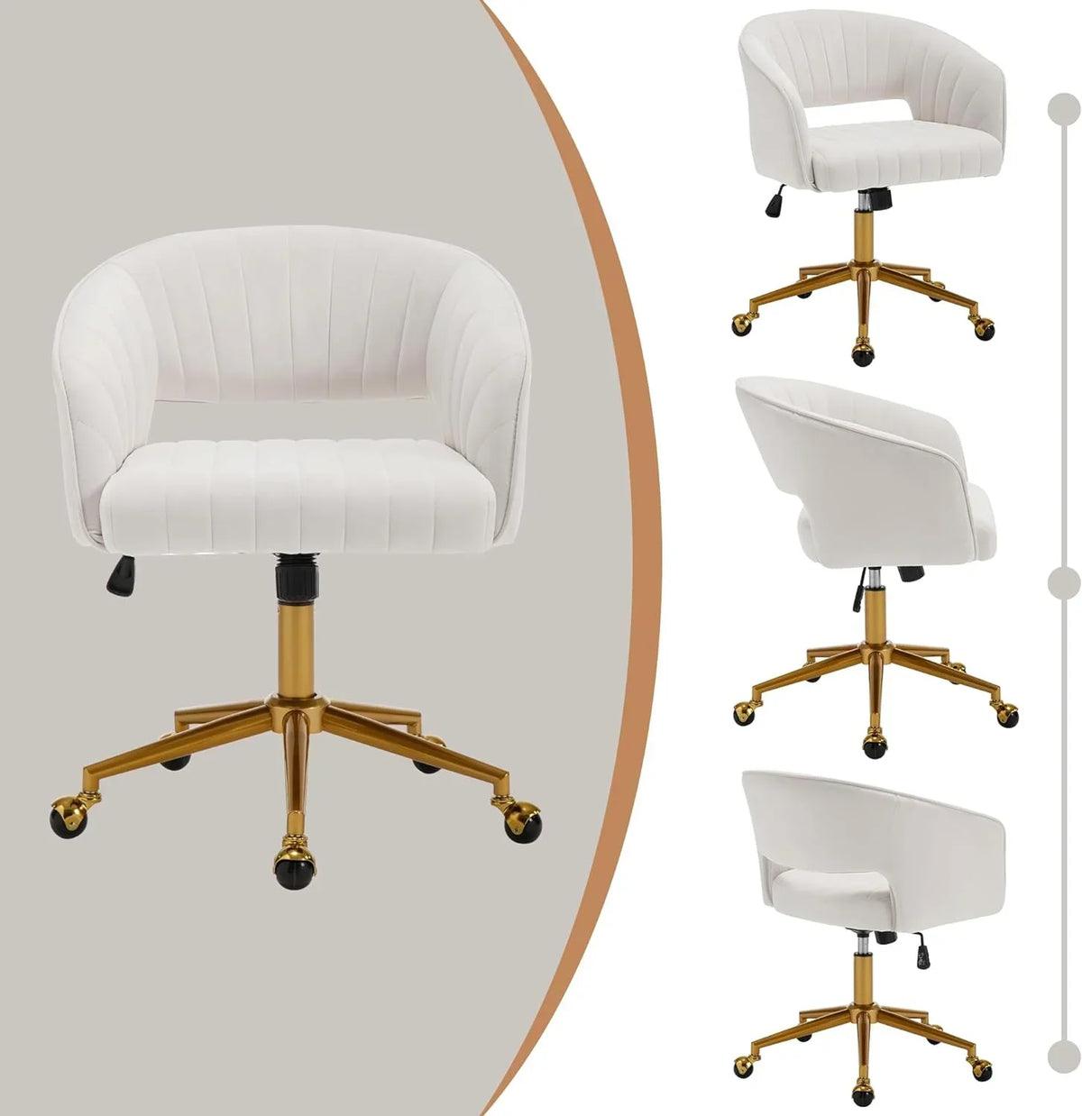 Nouveauté 2026 – Chaise de bureau Westice , chaise de travail en velours, chaise pivotante réglable en hauteur avec base dorée, idéale pour coiffeuse, bureau, salon ou salle informatique, beige