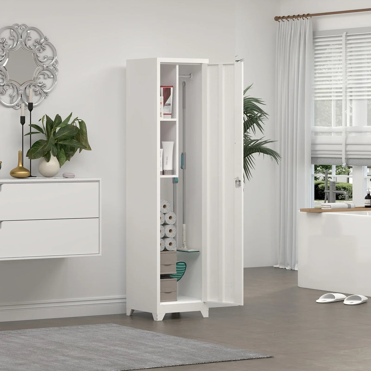 Nouveauté 2026 – Armoire à balais Marcree Slim , armoire métallique avec étagères et tringle de suspension, armoire de rangement utilitaire de 165 cm avec porte verrouillable, armoire de rangement haute pour produits de nettoyage, idéale pour la cuis